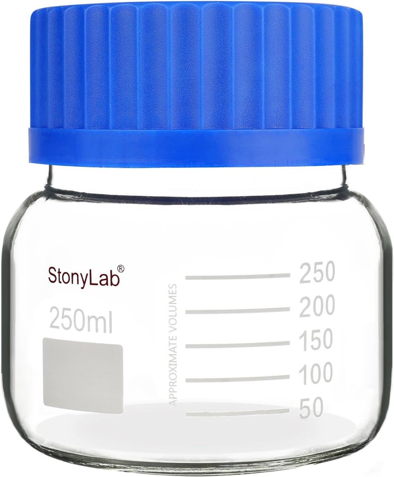 stonylab Graduated Storage Bottle, Premium Glass Round Bottom Reagent Bottle with GL80 Screw Cap, High Transparency Wide Mouth Media Storage Bottle with Clear Scale, 250 ml - Image 1